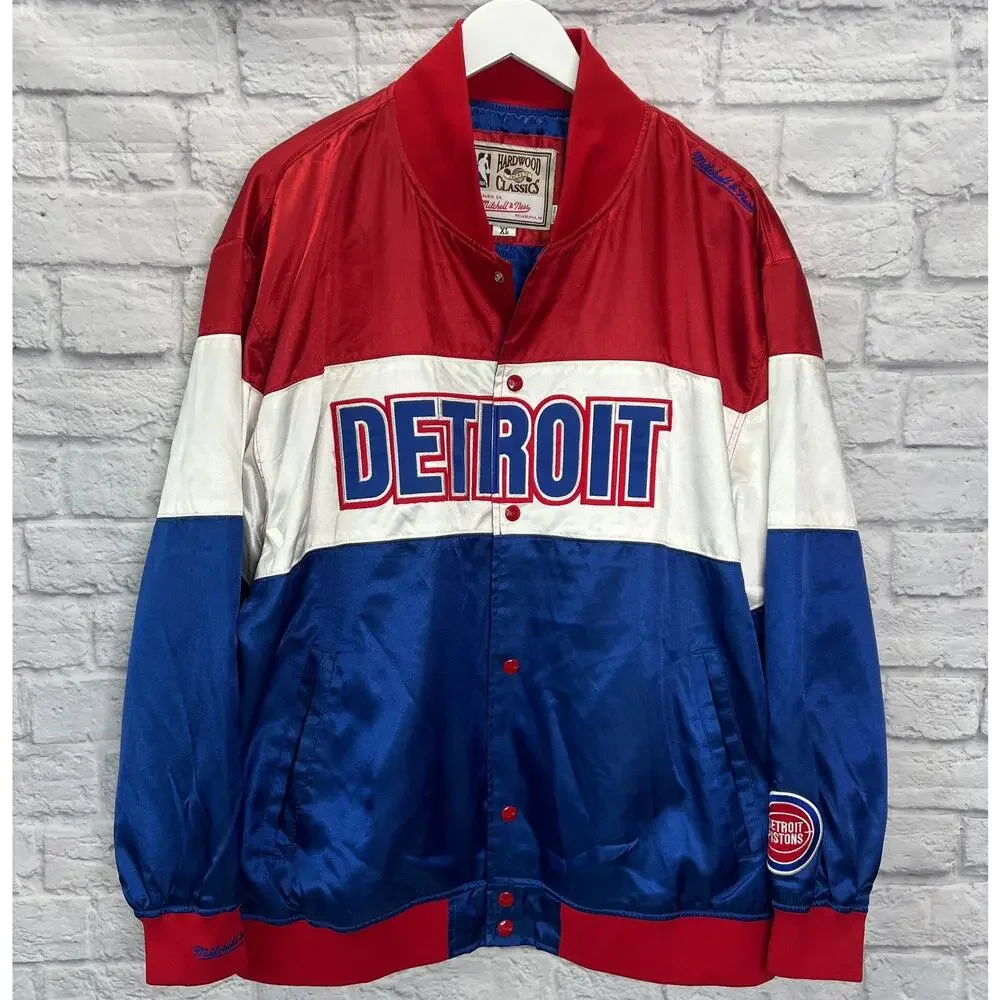 Hardwood Classics Mitchell & Ness Jacket Red White Blue Size XL Satin Pistons